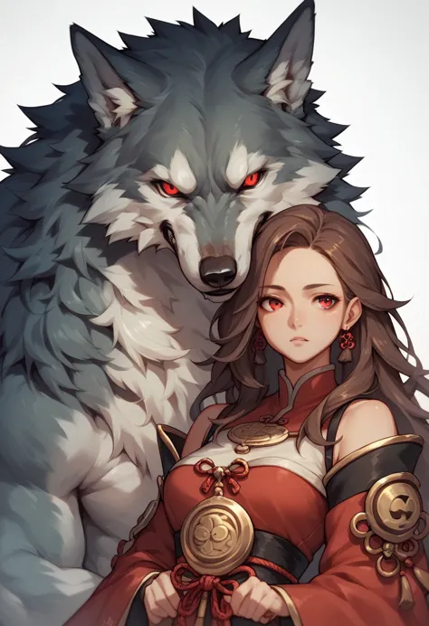 brown hair,long hair,red eyes, wolf girl,wolf year,wolf&#39;s tail、small mouth、huge breasts、long chest、saggy breasts、nude、blush、...