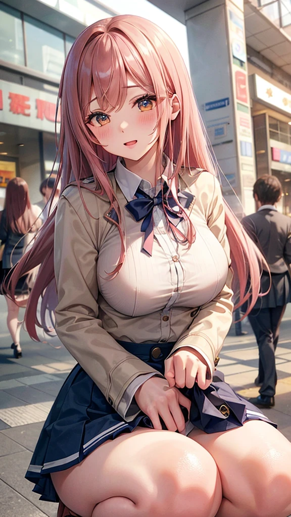 High resolution, masterpiece, Highest quality, Very detailed, Textured skin, Long Hair, Blushing, Large Breasts, school uniform、high school student、Navy blue blazer、mini skirt、shirt、ribbon、Tight fitting clothes、Knee-length socks、Shopping Centre、Long Hair, Pink Hair, squat、Thin legs、Beautiful feet、