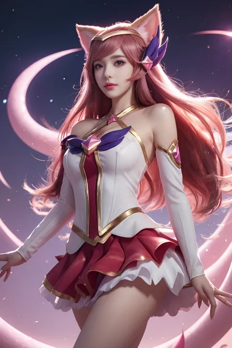 star guardian ahri, 1girl, animal ears, hair ornament, detached sleeves, bare shoulders, skirt, magical girl