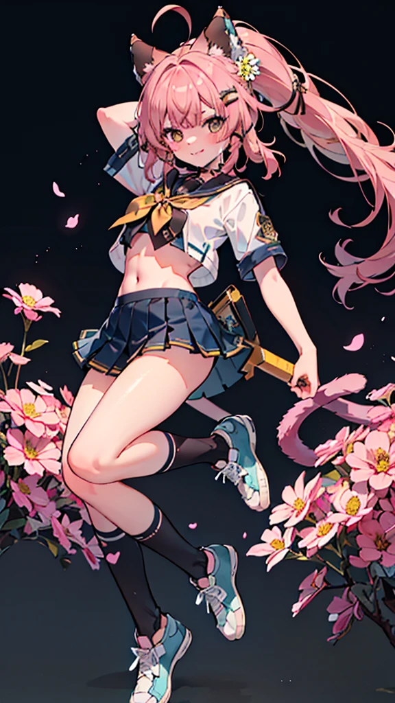 realistic image,  detailed image, 1 cute girl, has pale ash pink hair sticking out in strands and brown eyes, Part of her hair is tied in a high ponytail. She wears a pink cat ear type accessory decorated with gold and flowers. Her hair has several yellow and brown hairpins, as well as a flower-shaped clip to the right of her hair. Hers is a delicate oval face, Distinct facial features, blushing, smiling, she is wearing a crop top, pleated mini skirt, long stockings, sports shoes, medium breasts, smart body, shy pose, black background, student uniform style, 8K, masterpeace