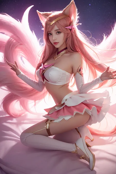 star guardian ahri, 1girl, animal ears, hair accessories, strip sleeves, bare shoulders, skirt, magical girl, multiple tails, wh...