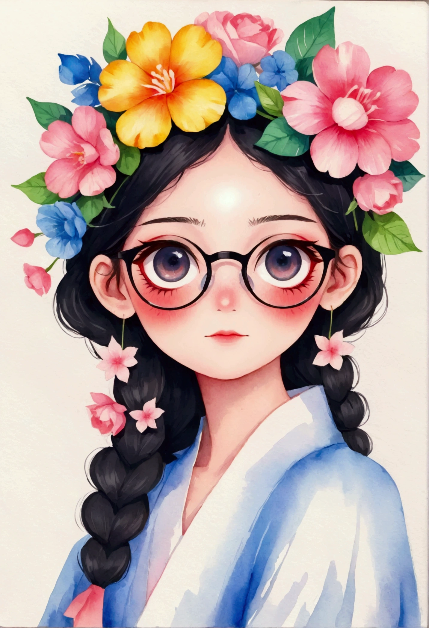 Portrait of a woman wearing glasses and a flower hat, Watercolor strokes, Pantone Marker Portrait, Colorfull illustration, Colored pen painting, Watercolor and pen, Ink and watercolor illustration, Watercolor pencils + Ink Painting, author：Nobutada Yanagawa, color插图, color, Oka Yasutomo, inspired author：Nobutada Yanagawa