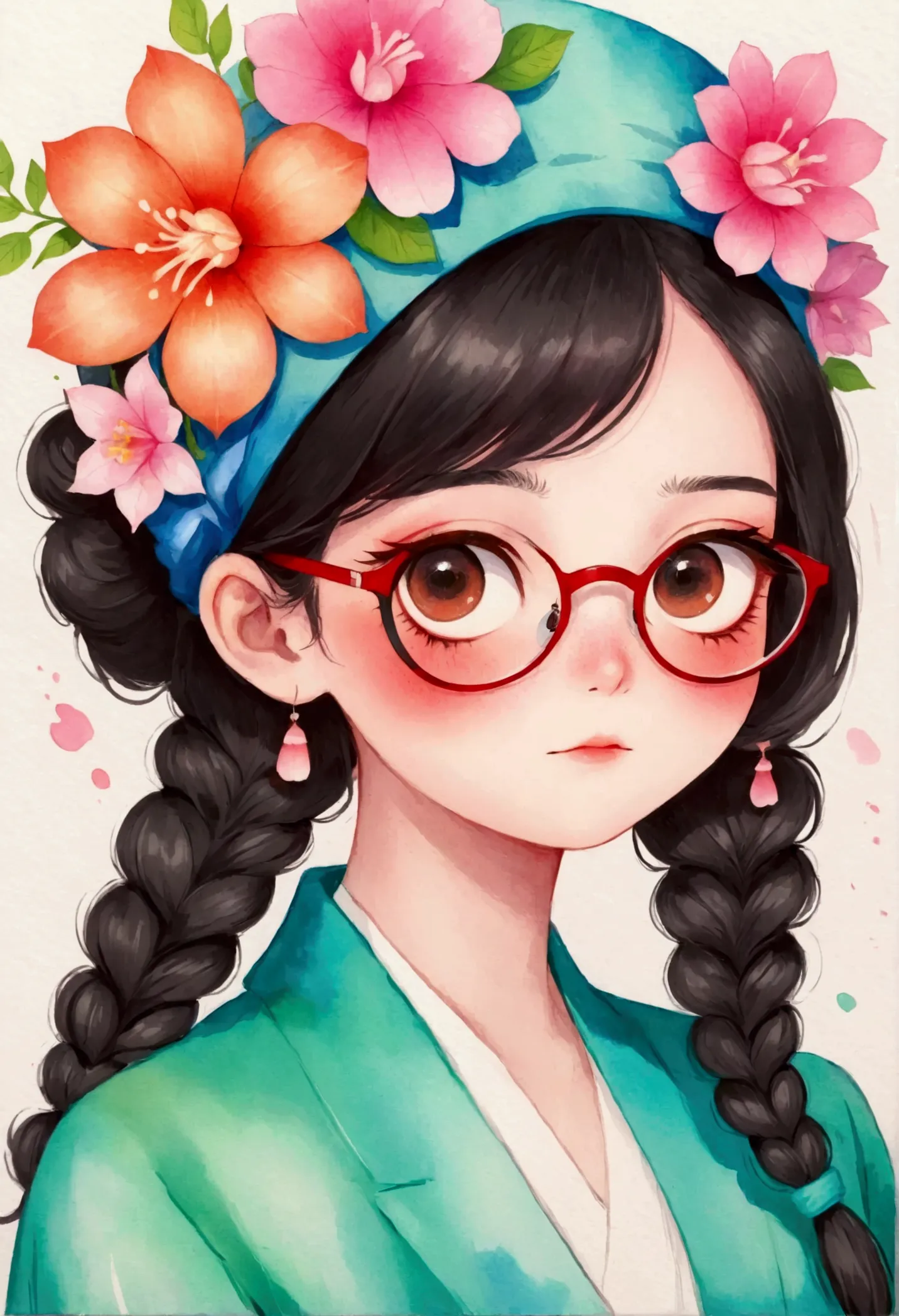 drawing of a woman wearing glasses and a flower hat, 柳川信贞的color铅笔素描, tumblr, process art, watercolor strokes, pantone marker por...