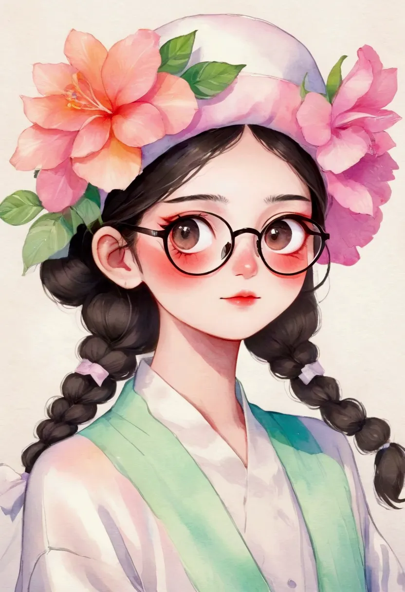 drawing of a woman wearing glasses and a flower hat, 柳川信贞的color铅笔素描, tumblr, process art, watercolor strokes, pantone marker por...