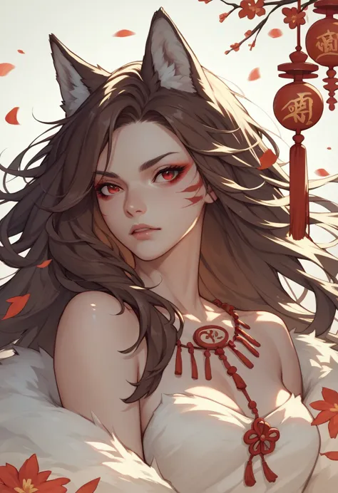 brown hair,long hair,red eyes, wolf girl,wolf year,wolf&#39;s tail、huge breasts、t-shirt long(tight)maxi dresses、troubled face