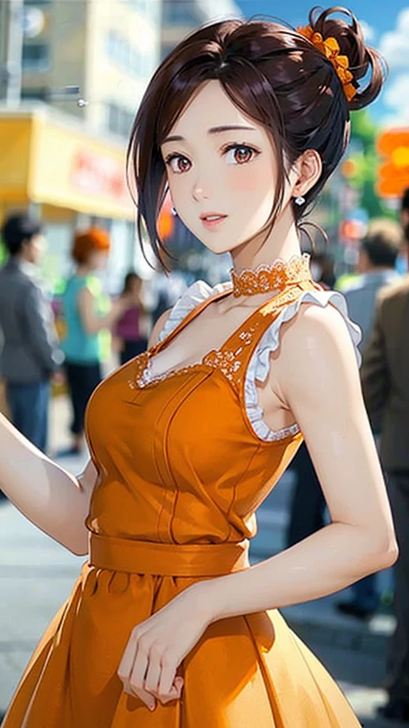 a woman posing on the street corner with orange dress on, best quality, 1girl, huge breasts, day, bright, blur background, bokeh, outdoor, (street:0.8), (people, crowds:1), (lace-trimmed dress:1.5, orange sleeveless dress, orange clothes:1.5, orange high-neck dress:1.5, orange dress: 1.5), gorgeous, (hair up:1.5), beautiful detailed sky, beautiful earrings, (dynamic pose:1), (upper body:0.8), soft lighting, wind, shiny skin, 