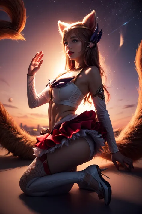 star guardian ahri, 1girl, animal ears, hair accessories, strip sleeves, bare shoulders, skirt, magical girl, multiple tails, wh...