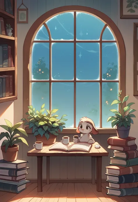 janelas，a plant，walls, window, book, coffee, table, night, cozy room, lofi style, full body,