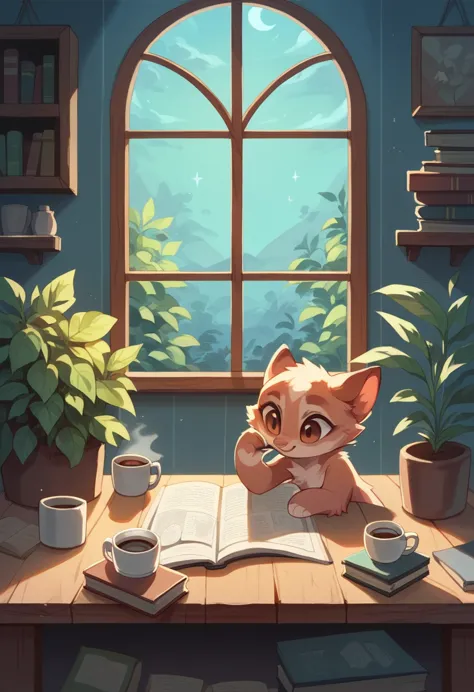 janelas，a plant，walls, window, book, coffee, table, night, cozy room, lofi style, full body,