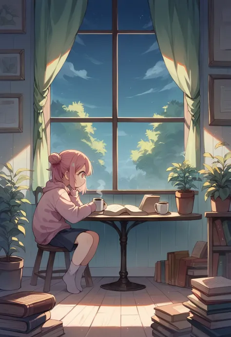 1girl, kawaii girl，a plant，walls, window, book, coffee, table, night, cozy room, lofi style, full body,