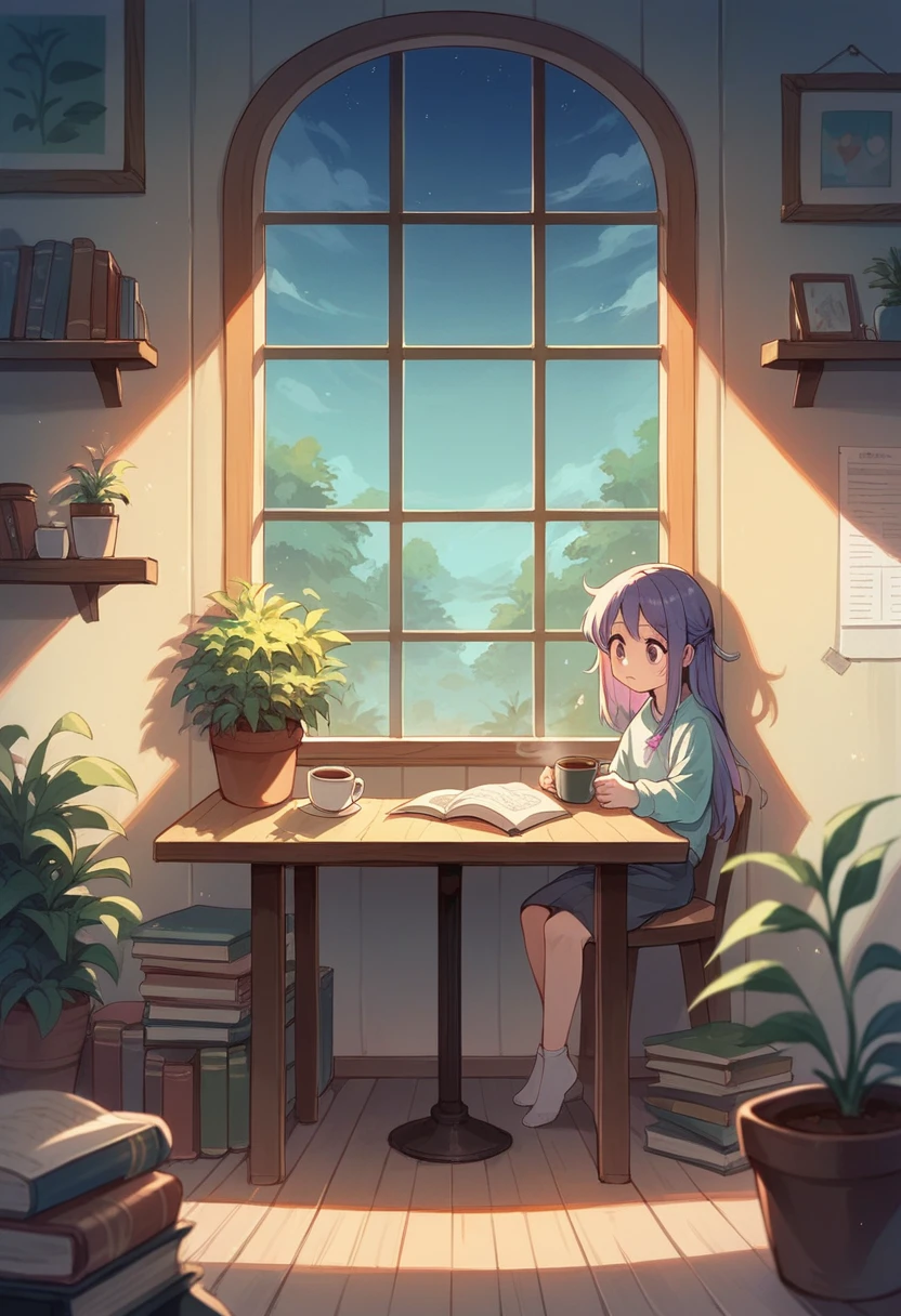 1girl, kawaii girl，A plant，Walls, window, book, coffee, table, night, cozy room, lofi style, full body,