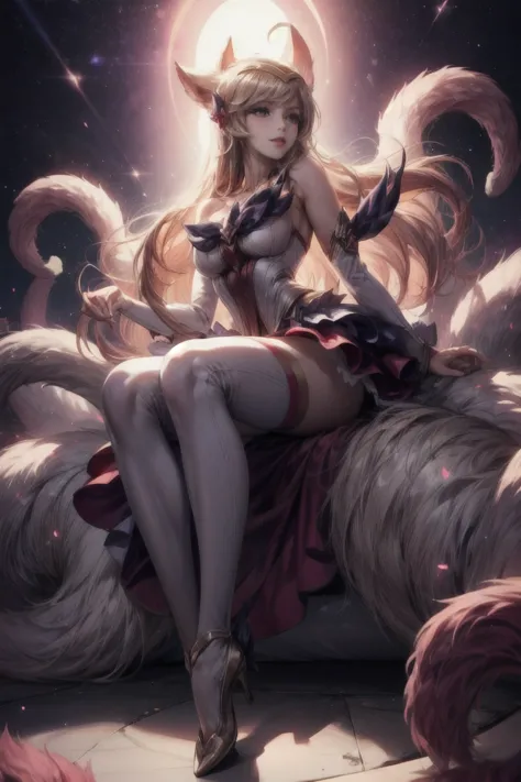 star guardian ahri, 1girl, animal ears, hair accessories, strip sleeves, bare shoulders, skirt, magical girl, multiple tails, wh...