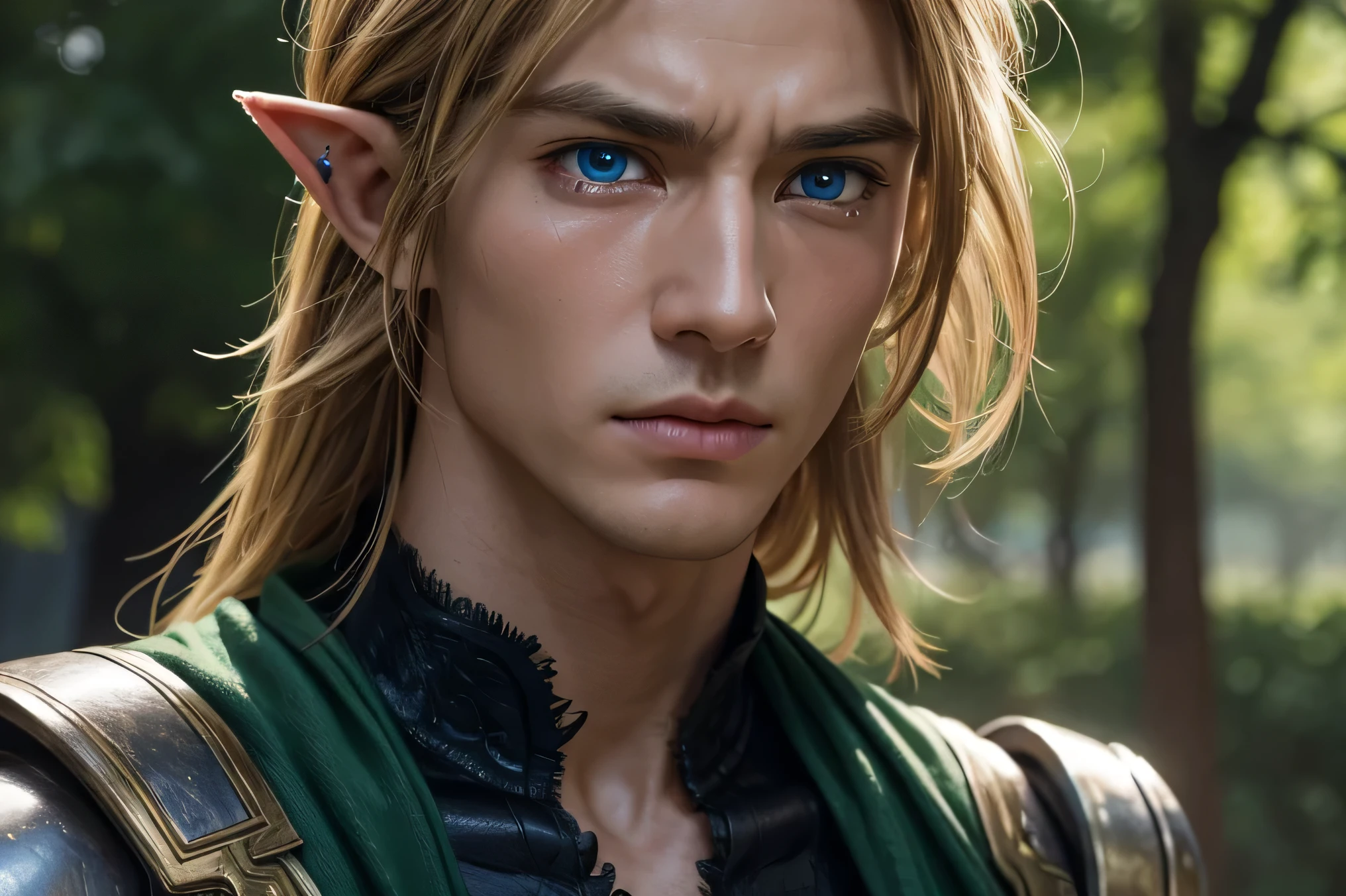 Close-up of crying face、Very detailed, Live Action、Ultra-realistic digital portrait of Link from The Legend of Zelda, Very detailed facial features, Piercing blue eyes, His body type is masculine, with well-trained, slim muscles.、Sharp jawline, disheveled golden hair, , Green themed elven clothing、The background is dark and the passage is hard to see.