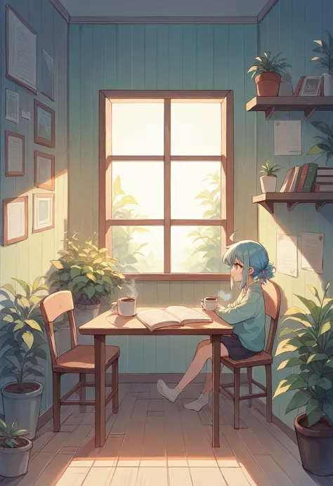 1girl, kawaii girl，a plant，walls, window, book, coffee, table, night, cozy room, lofi style, full body,