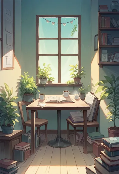 1girl, kawaii girl，a plant，walls, window, book, coffee, table, night, cozy room, lofi style, full body,