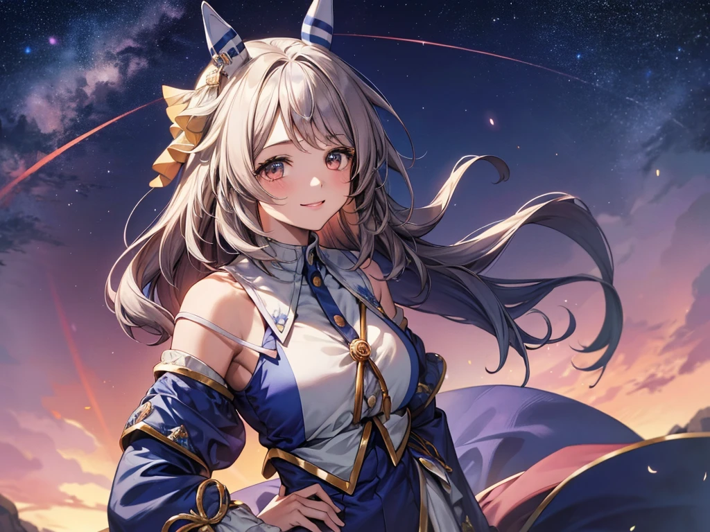 masterpiece, uhd, best quality, highres, 8k、shoot from above、upper body shot。solo、Alone、１Alone。Girl with horse ears、Smile。Brown Eyes、Pink Lipstick、Beautiful breasts。Shoulder less、Blue evening dress、Feather coat、Attached sleeves、mini skirt。Hands on hips。breeze、cliff、Starry Sky。