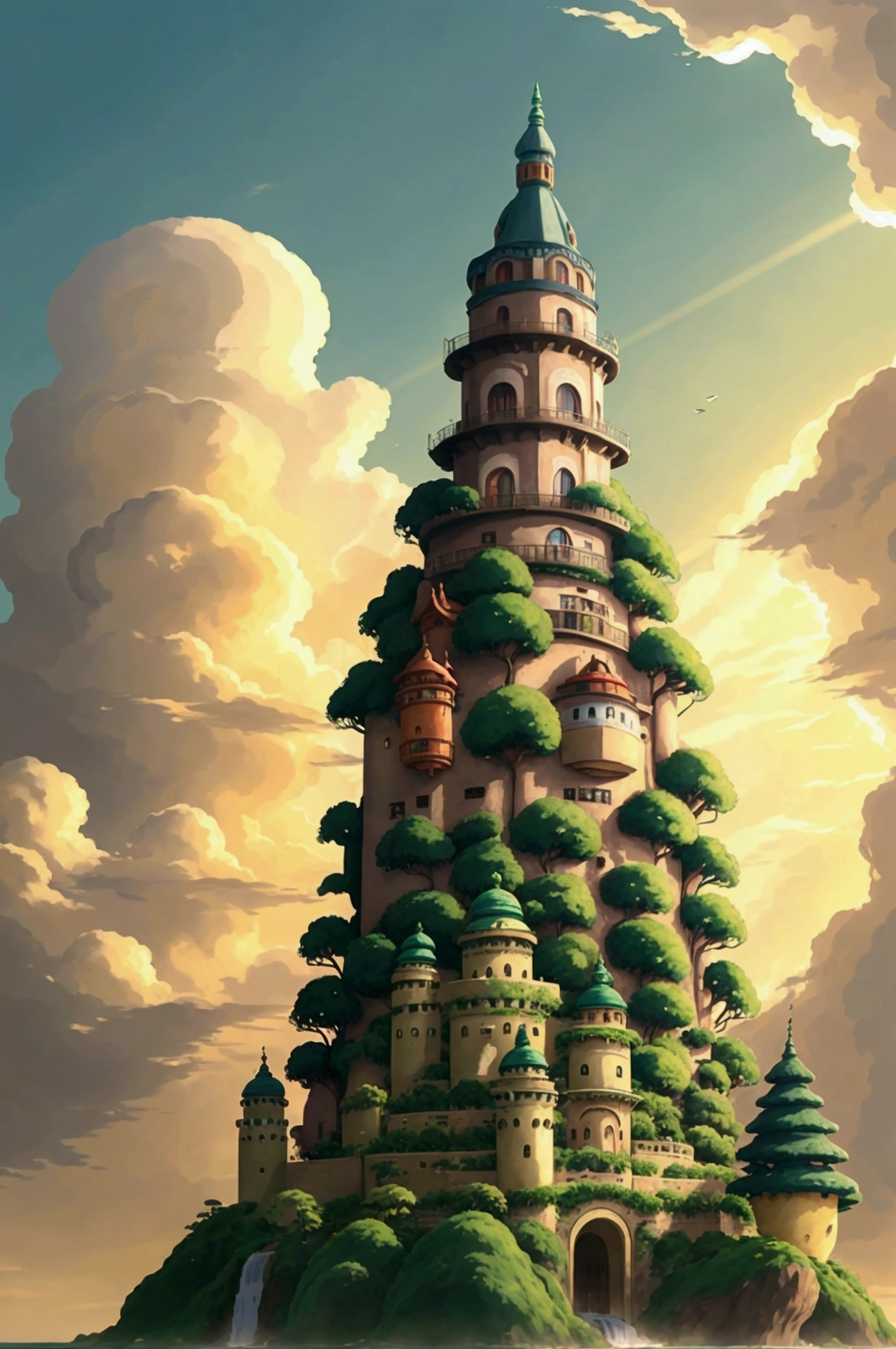 (((Ghibli style))) A grand castle floating among the clouds, with lush greenery growing on its surfaces, and a waterfall cascading into the sky. Morning sunlight bathes the scene in golden light.