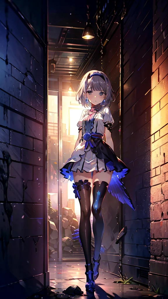 ((full body)),Teenage Girls in Anime, Blue and grey metal armor, Blue hand and thigh accessories, Short dark blue-gray hair, hair accessory, Grey Eyes, Silver earrings, nose, Curious, Healthy Skin, Very dirty, head, shoulder, Small box, arms, Have a map, Narrow waist, feet, Medium thighs, Has black robotic legs, cute, Bright colors on the shirt, Futuristic marble white palace, Shining light in the sky, Stand next to a wall, Cinematic Light, High resolution, Highest quality, Super detailed, Detailed face, (Detailed eyes), Highest quality, Super detailed, masterpiece, (Detailed face), Beautiful face, feetを見せて, short hair