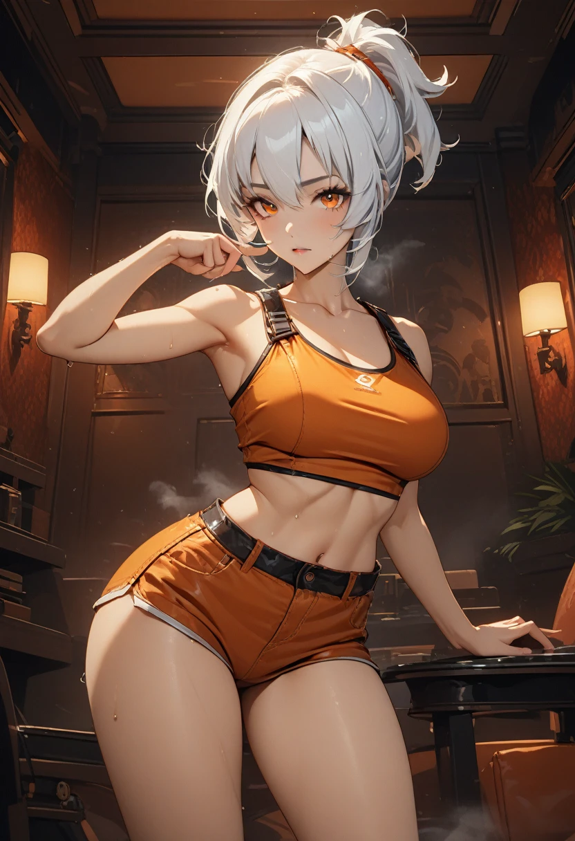 masterpiece,best quality,high resolution,8k,ultra HD,wallpaper,illustration,perfect face,cowboy shot,beautiful detailed eyes,extremely detailed face,perfect lighting,extremely detailed CG,perfect hands,perfect anatomy,perfect body,perfect hands,perfect fingers,1woman,full body,,(muscle fighter:1.1),white ponytail hair,orange eyes,large breasts,Medium ass,,orange tube top,orange short hot pants,clothed,nsfw,collarbone,,looking at viewer,(sexy look pose:1.3),Steam,sweat,rich home,(Zenless Zone Zero character Soldier N 11),adult,