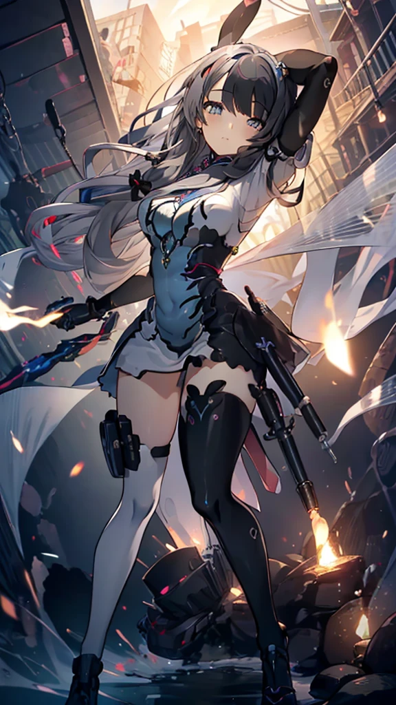 ((full body)),Teenage Girls in Anime, Blue and grey metal armor, Blue hand and thigh accessories, Short dark blue-gray hair, hair accessory, Grey Eyes, Silver earrings, nose, Curious, Healthy Skin, Very dirty, head, shoulder, Small box, arms, Have a map, Narrow waist, feet, Medium thighs, Has black robotic legs, cute, Bright colors on the shirt, Futuristic marble white palace, Shining light in the sky, Stand next to a wall, Cinematic Light, High resolution, Highest quality, Super detailed, Detailed face, (Detailed eyes), Highest quality, Super detailed, masterpiece, (Detailed face), Beautiful face, feetを見せて, short hair