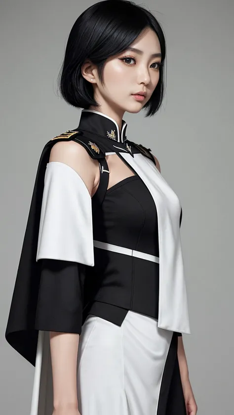 taiwanese beauty。black hair medium。the shoulder emblems on both shoulders have different designs on the left and right shoulders...