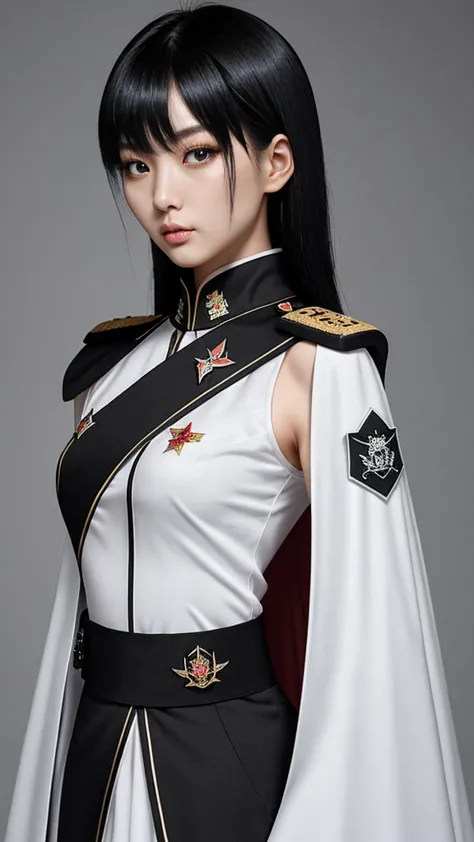 taiwanese beauty。black hair medium。the shoulder emblems on both shoulders have different designs on the left and right shoulders...