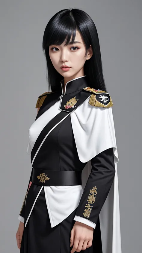 taiwanese beauty。black hair medium。the shoulder emblems on both shoulders have different designs on the left and right shoulders...