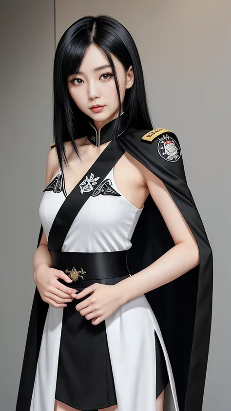 taiwanese beauty with adult charm。black hair medium。the shoulder emblems on both shoulders have different designs on the left an...