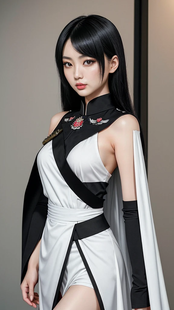 Taiwanese beauty with adult charm。Black hair medium。The shoulder emblems on both shoulders have different designs on the left and right shoulders.。The black military uniform is accompanied by a waist-length white cape with an asymmetrical front.。Limit exposed skin！