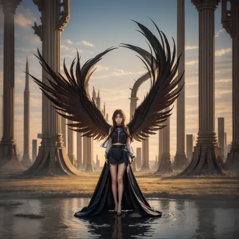 "((amazing)) photo composition, dramatic sunset, strong silhouette ((girl)) wield ((shine)) sword, mysterious altar with golden ...