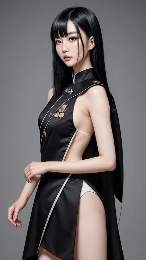 taiwanese beauty with adult charm。black hair medium。the shoulder emblems on both shoulders have different designs on the left an...