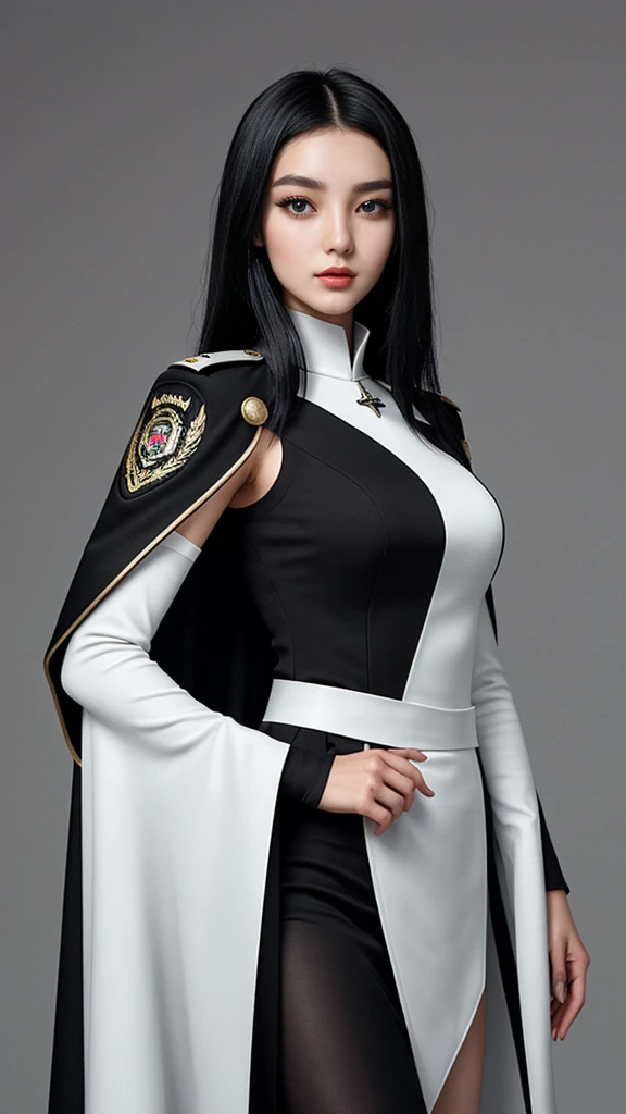 Taiwanese beauty with adult charm。Black hair medium。The shoulder emblems on both shoulders have different designs on the left and right shoulders.。The black military uniform is accompanied by a waist-length white cape with an asymmetrical front.。