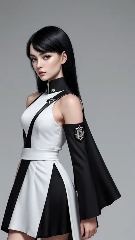 taiwanese beauty with adult charm。black hair medium。the shoulder emblems on both shoulders have different designs on the left an...