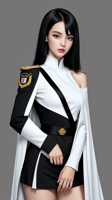 taiwanese beauty with adult charm。black hair medium。the shoulder emblems on both shoulders have different designs on the left an...