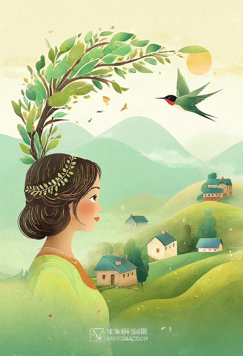 Digital Illustration Art, (Whimsical illustration of a little girl's head adorned with a lot of houses, trees, roots, swallows) with green trees and hills in the background, flanking, evoking the charm of a charming countryside landscape. The background blends with the little girl's hair and radiates serenity, creating a harmonious composition that captures the beauty of nature, white background, Chinese calligraphy whin brush lines, vivid Ferdinand du Puigaudeau, Victor nizovtsev, vintage tones, shimmering, luminescent, reflections, best number, 8K, HD, High Resolution.double exposure，illustration，Beautiful digital illustration, 