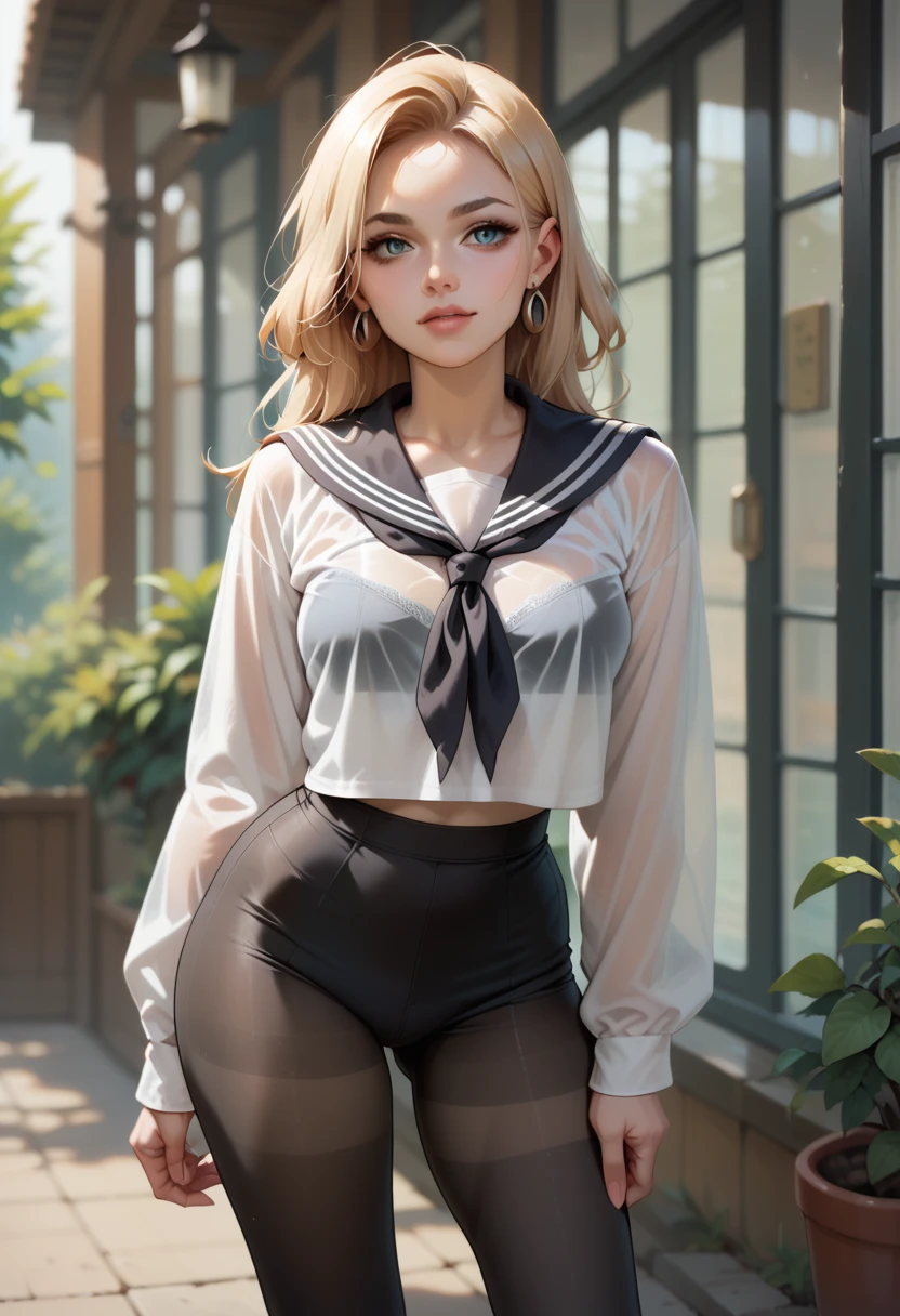 Best quality, black tights, 1 girl, in a pack, black , black seraph, sailor collar, Black miniskirt, long sleeves, transparent shirt,  