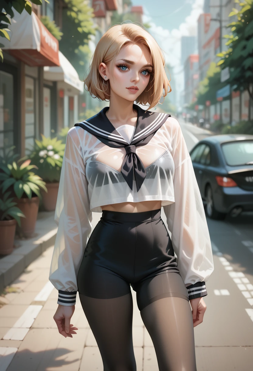 Best quality, black tights, 1 girl, in a pack, black , black seraph, sailor collar, Black miniskirt, long sleeves, transparent shirt,  