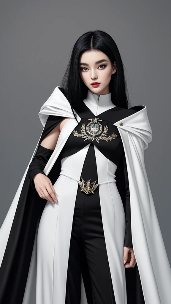 Taiwanese beauty with adult charm。Black hair medium。The shoulder emblems on both shoulders have different designs on the left and right shoulders.。The black military uniform is long-sleeved and long-pants, and the front of the white cape is asymmetrical.。