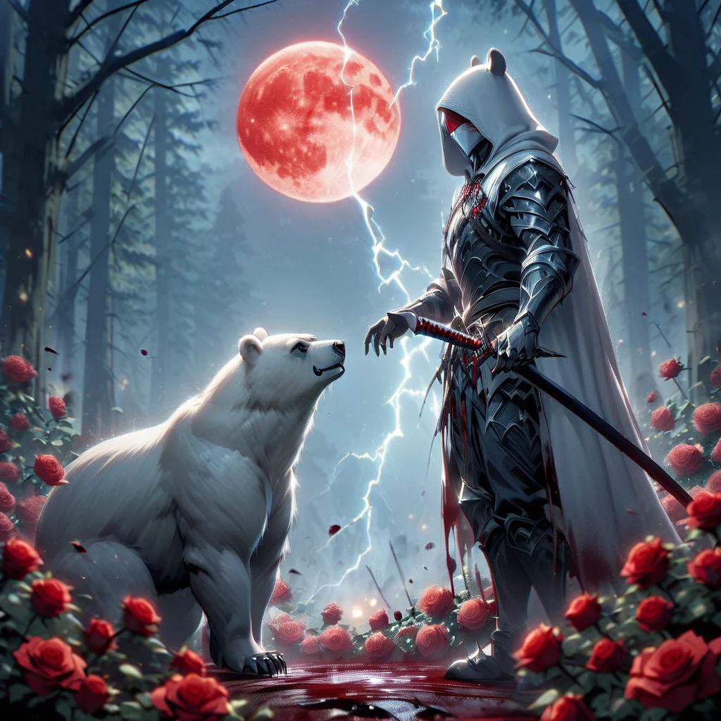 Dynamic picture where a man with a white hood with bear ears and a katana sits riding a big polar bear in a forest while the blood moon shines, many Roses cover the ground and lightning falls from the sky. The man wears a red blindfold.