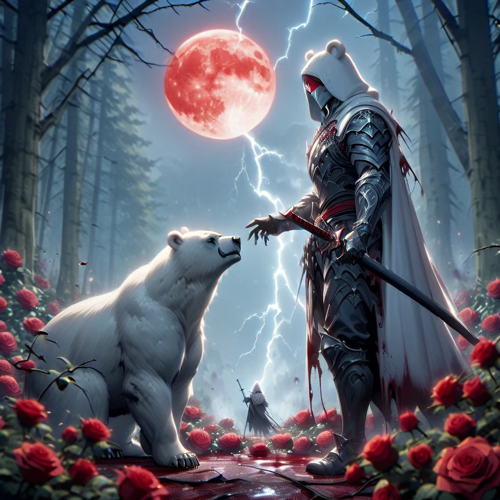 Dynamic picture where a man with a white hood with bear ears and a katana sits riding a big polar bear in a forest while the blood moon shines, many Roses cover the ground and lightning falls from the sky. The man wears a red blindfold.