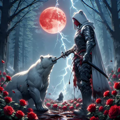 dynamic picture where a man with a white hood with bear ears and a katana sits riding a big polar bear in a forest while the blo...