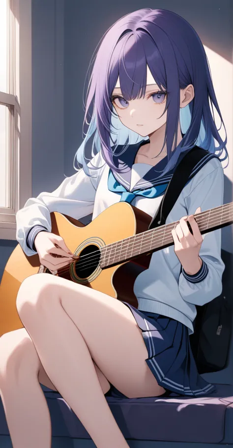 one,((school uniform、he is playing a guitar with his legs crossed))、(she is wearing a bra and low-rise panties as a setting.)、(i...