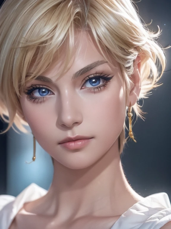 Sailor Uranus, a beautiful young face, Realistic Face, a beautiful teenage boy, portrait, beautiful detailed eyes, beautiful detailed lips, extremely detailed eyes and face, long eyelashes, intricate details, Perfect facial details, delicate features, blond hair, medium short hair, ethereal, mesmerizing, elegant, photorealistic, 8k, high resolution, masterpiece, dynamic lighting, vivid colors, cinematic composition, dramatic atmosphere