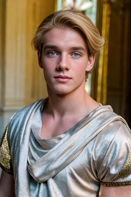 Portrait of a handsome young man, Roman emperor, blond hair, wearing Roman emperor clothes, handsome boy, magnanimous, power, ruler, symmetry, boy in the center, focus on the boy, classical era, ancient Rome, luxury, the most handsome boy, symmetry, male beauty