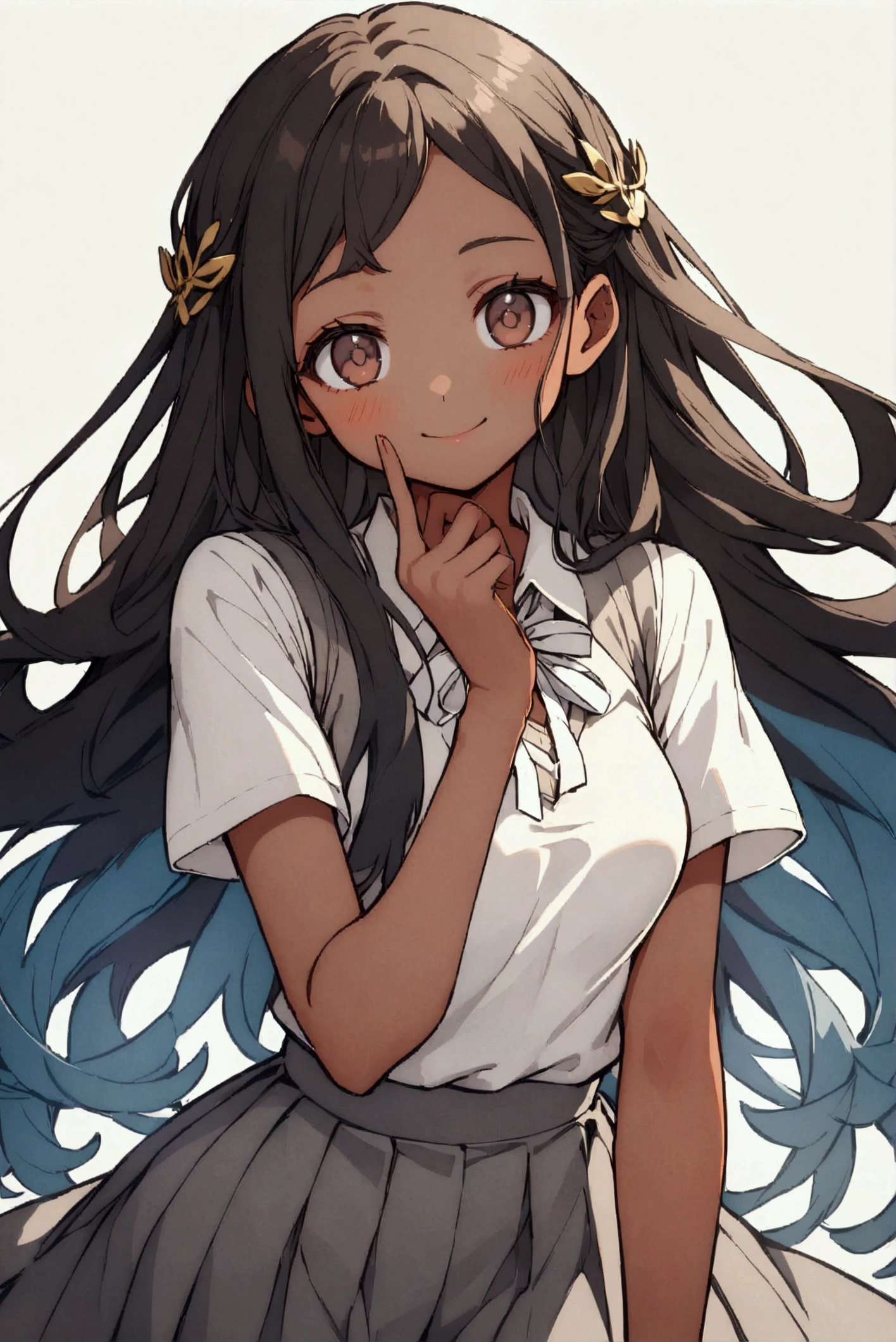 1girl, brown eyes, black hair with blue fade, blue strands in the hair, long hair, skinny waist, medium breasts, tan skin, gold jewelry, peaceful expression, calm, spotify, young girl, teenager girl, happy expression, majestic, brown skin, white shirt, gray sweater vest, gray skirt, white ribbon, ACTRESS LORE