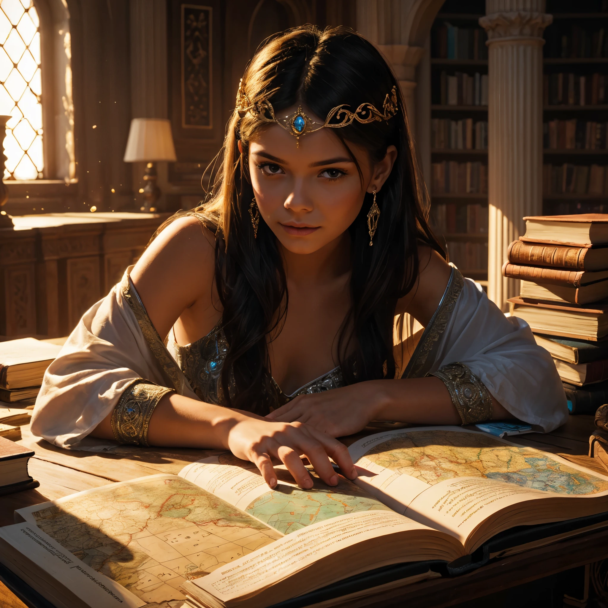 1girl, reading a book, inside a library, detailed face, (looking at viewer:1.4), intricate circlet, tiara, maang tikka, sharp focus, on top of worn map, on tables, books, relics, rembrandt lighting, dramatic light, cool color tone grading, cinematic, high quality,