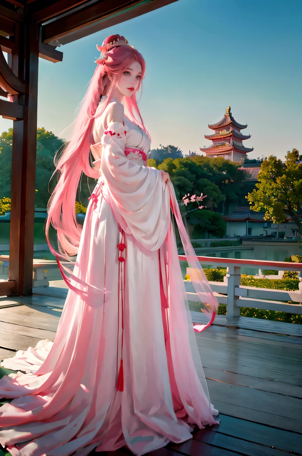 a beautiful woman with long pink hair and green eyes, traditional chinese clothing, chinese imperial princess, traditional dress, tang dynasty, sakura, garden with imperial palace in background, detailed face, high quality, hyper realistic, 8k, photo realistic, intricate details, delicate colors, dramatic lighting, elegant pose, cinematic composition
