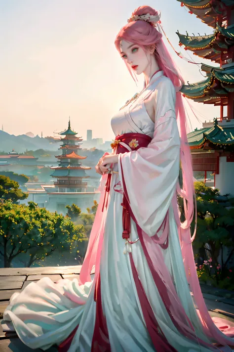 a beautiful woman with long pink hair and green eyes, traditional chinese clothing, chinese imperial princess, traditional dress...