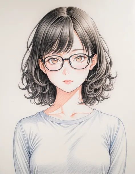 1 female, 30-year-old, alone, thin, slender, small breasts!!!, short hair, curly hair, thin, slender, (((glasses))), long sleeve...