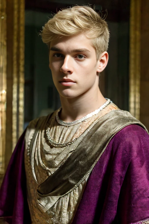 Portrait of a handsome young man, Roman emperor, blond hair, wearing Roman emperor clothes, handsome boy, magnanimous, power, ruler, symmetry, boy in the center, focus on the boy, classical era, ancient Rome, luxury, the most handsome boy, symmetry, male beauty